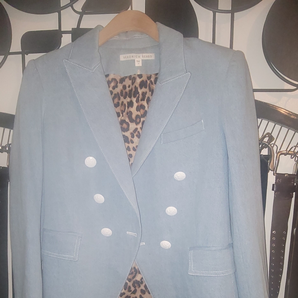 Veronica Beard Denim Dickey Blazer/Jacket with Leopard Lining
